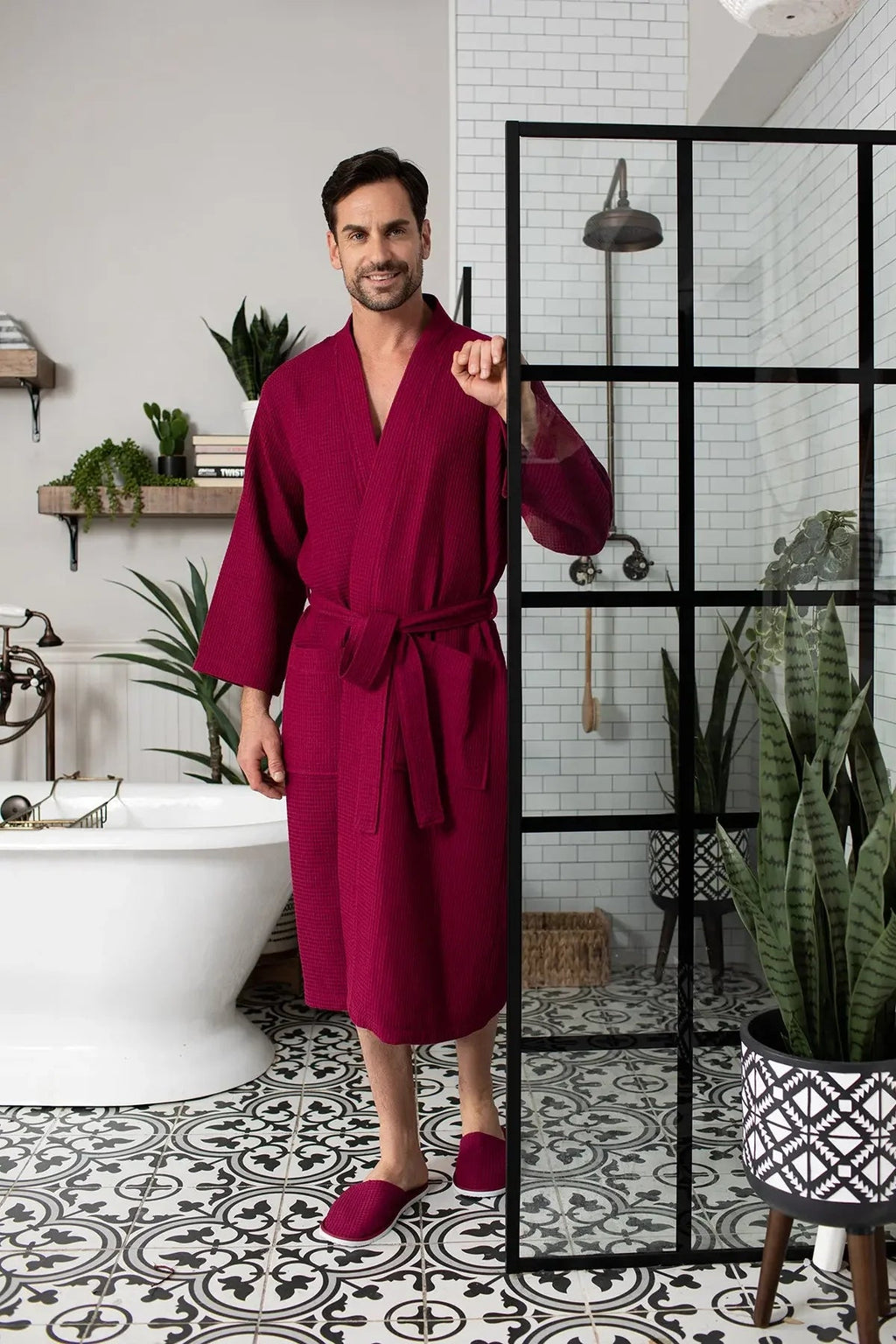 Men's Lotus Linen waffle spa bathrobe with absorbent, lightweight fabric, shown with matching slippers for comfortable relaxation.