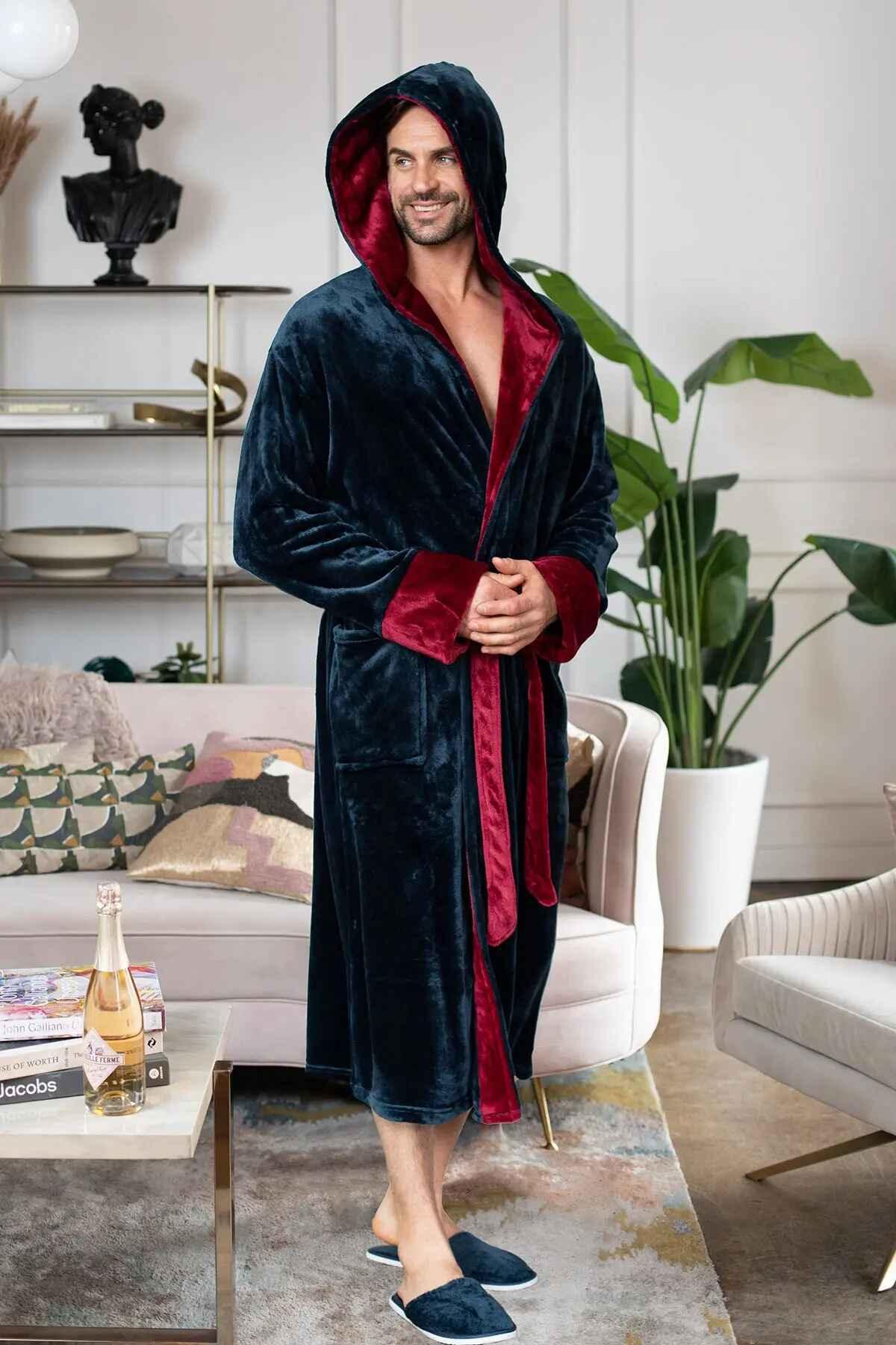 Men’s hooded robe by Lotus Linen, ultra-soft plush fabric, shown in a cozy fit with a hood and waist tie for everyday comfort.