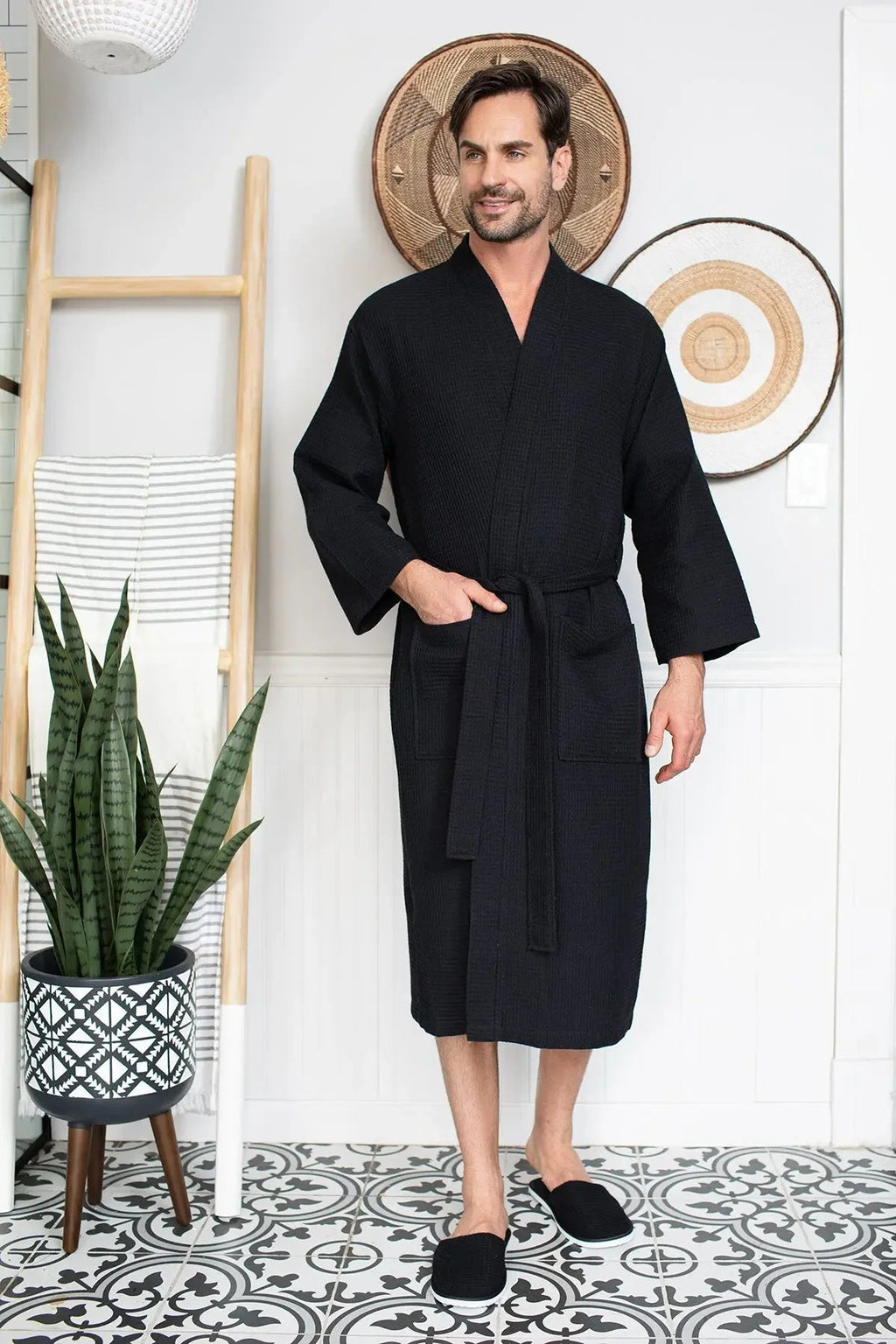 Men's lightweight Lotus Linen waffle spa bathrobe, absorbent and comfortable, shown hanging with a relaxed fit and textured fabric.