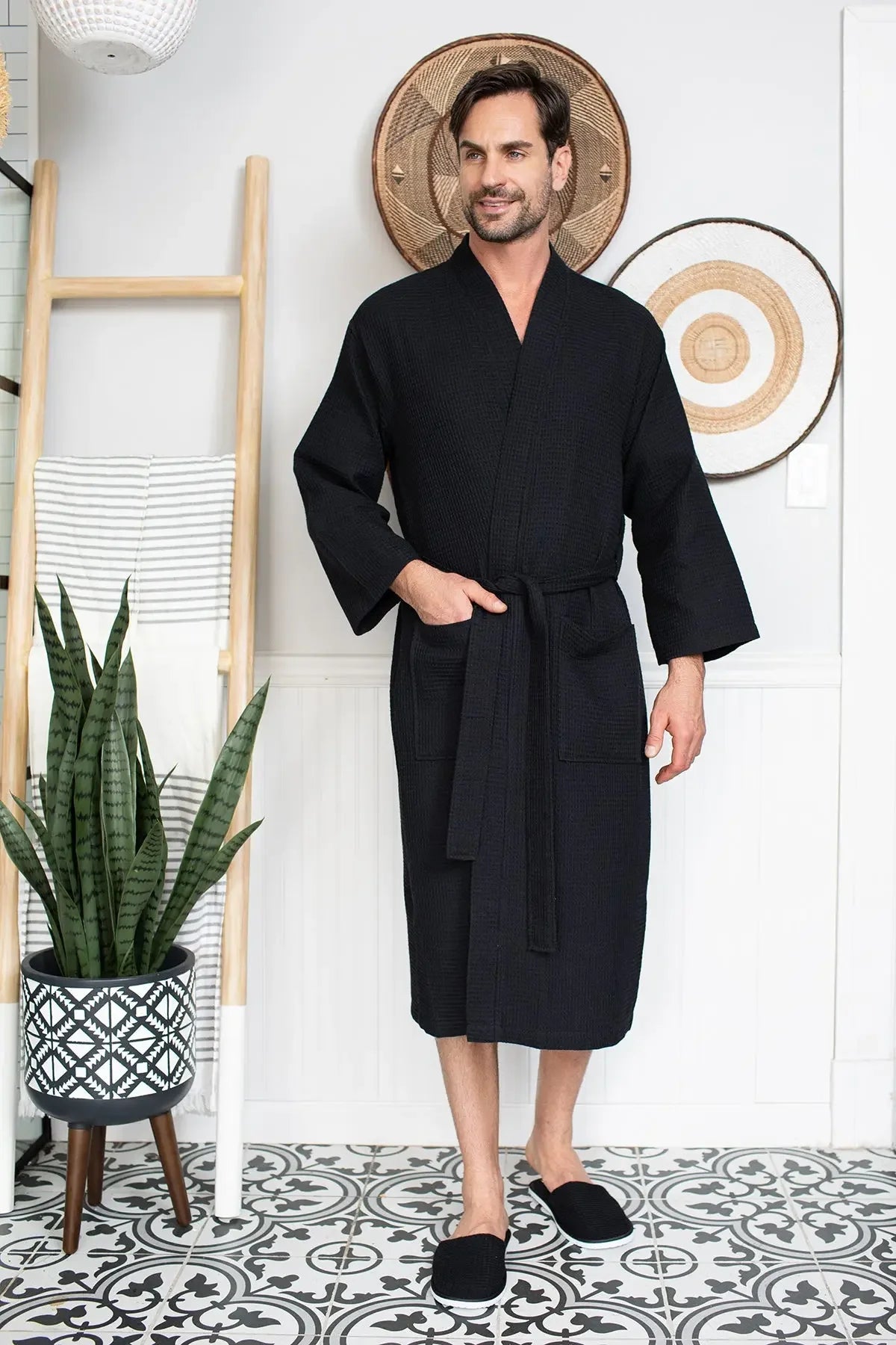 Men's lightweight Lotus Linen waffle spa bathrobe, absorbent and comfortable, shown hanging with a relaxed fit and textured fabric.