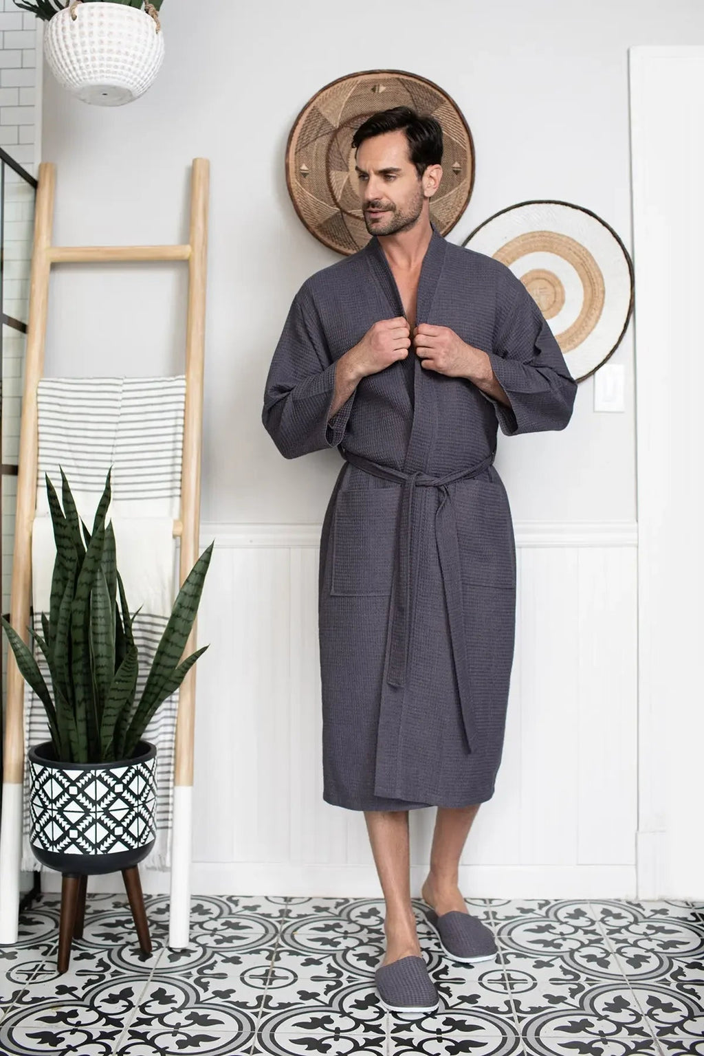 Men's Lotus Linen waffle spa bathrobe showing lightweight, absorbent, textured fabric with a relaxed fit for comfort.