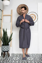 Men's Lotus Linen waffle spa bathrobe showing lightweight, absorbent, textured fabric with a relaxed fit for comfort.