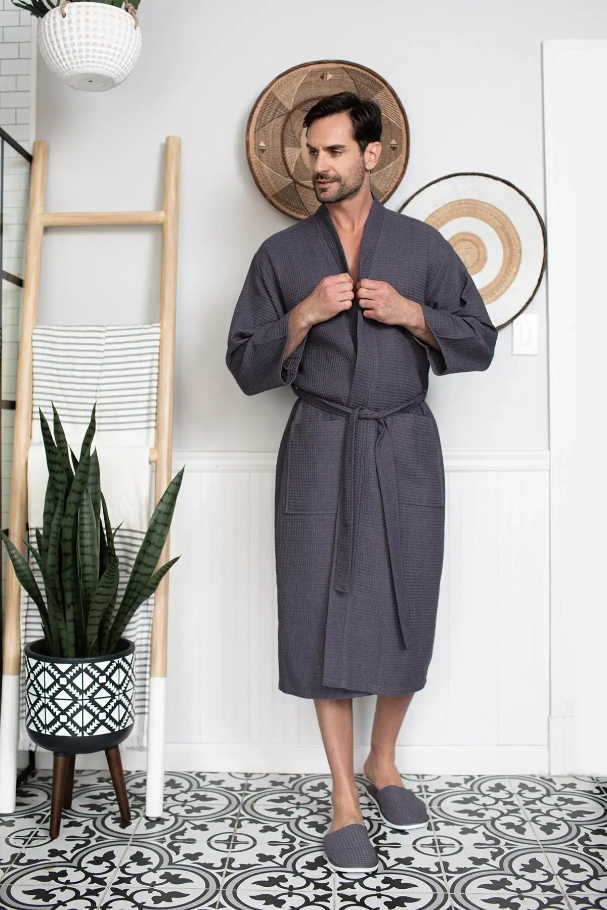 Men's Lotus Linen waffle spa bathrobe showing lightweight, absorbent, textured fabric with a relaxed fit for comfort.