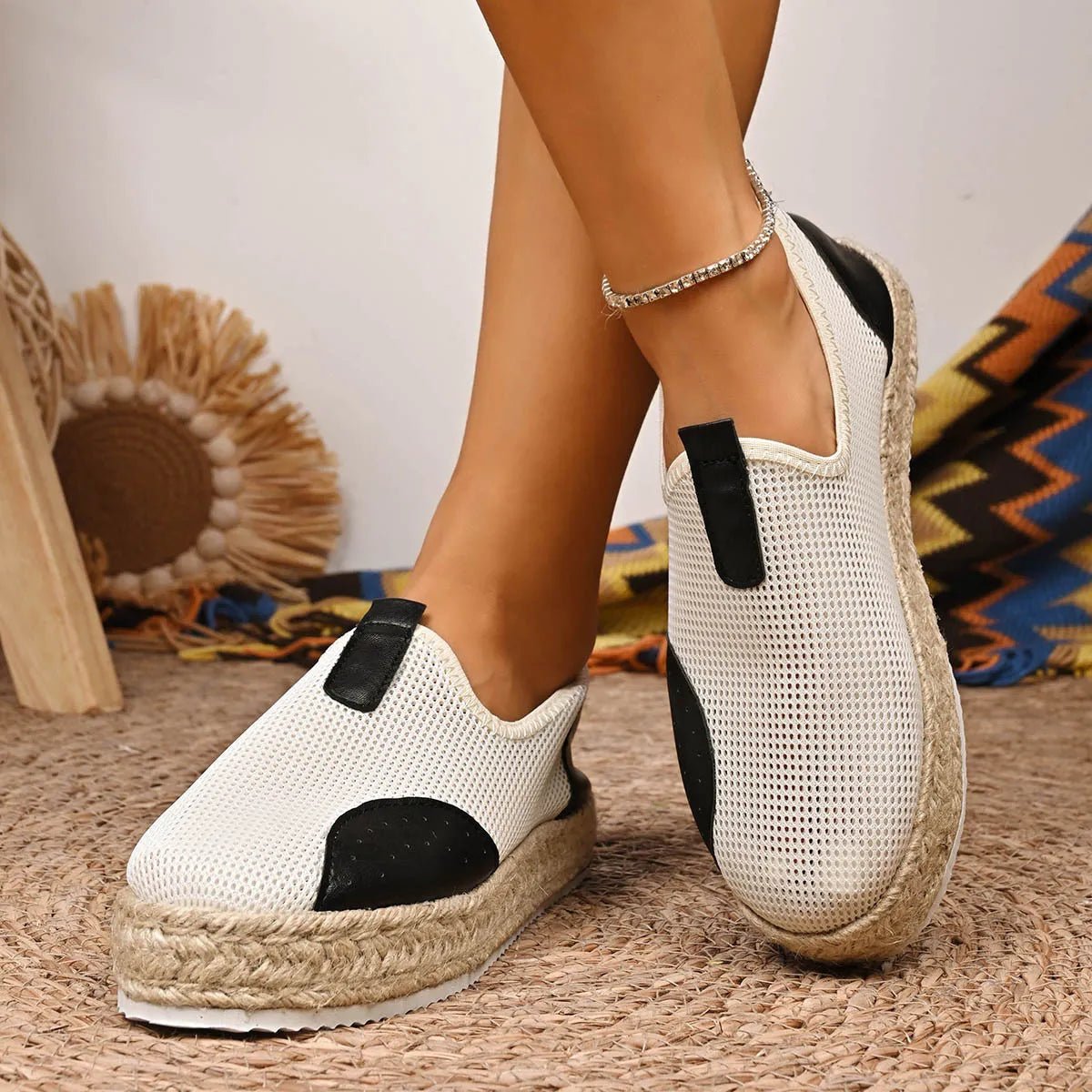 Women’s breathable mesh espadrille platform slip-on flats by Plush Fashion Hub, showing lightweight design and casual slip-on style.