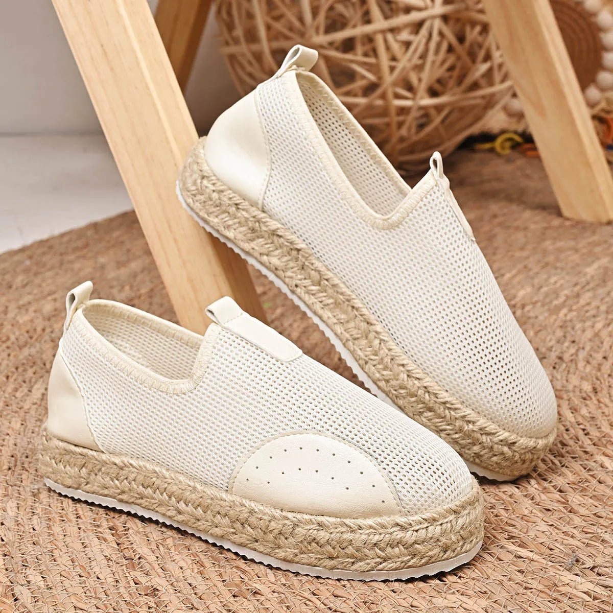 Women's breathable mesh espadrille platform slip-on flats by Plush Fashion Hub with woven jute sole and comfortable casual style.