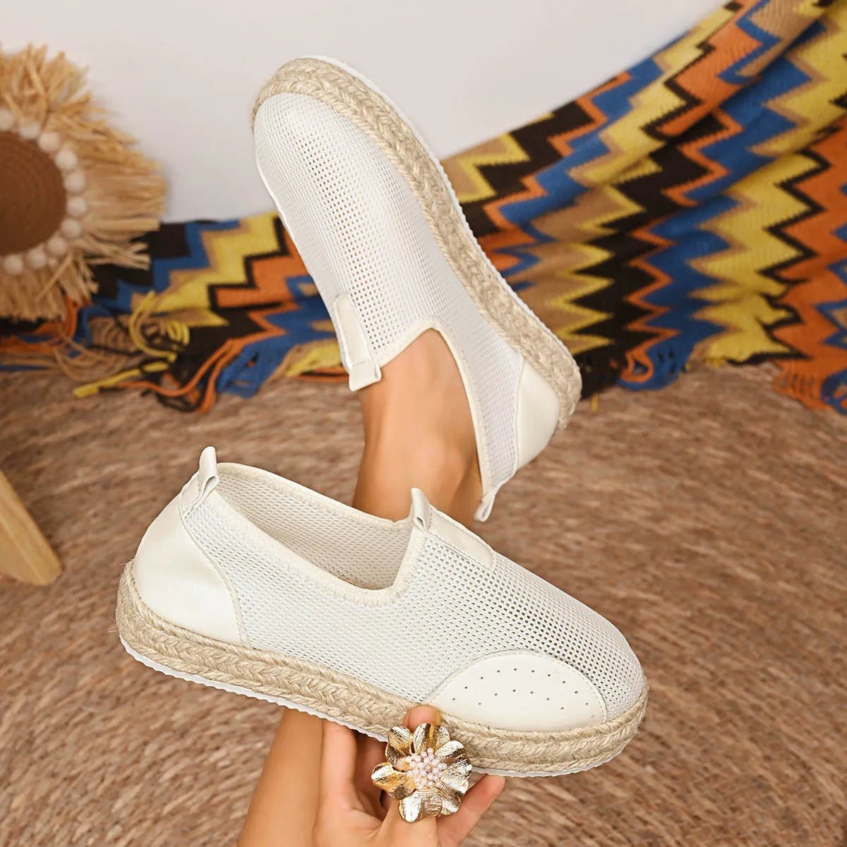Women's breathable mesh espadrille platform slip-on flats by Plush Fashion Hub, featuring comfortable slip-on design and stylish woven sole.