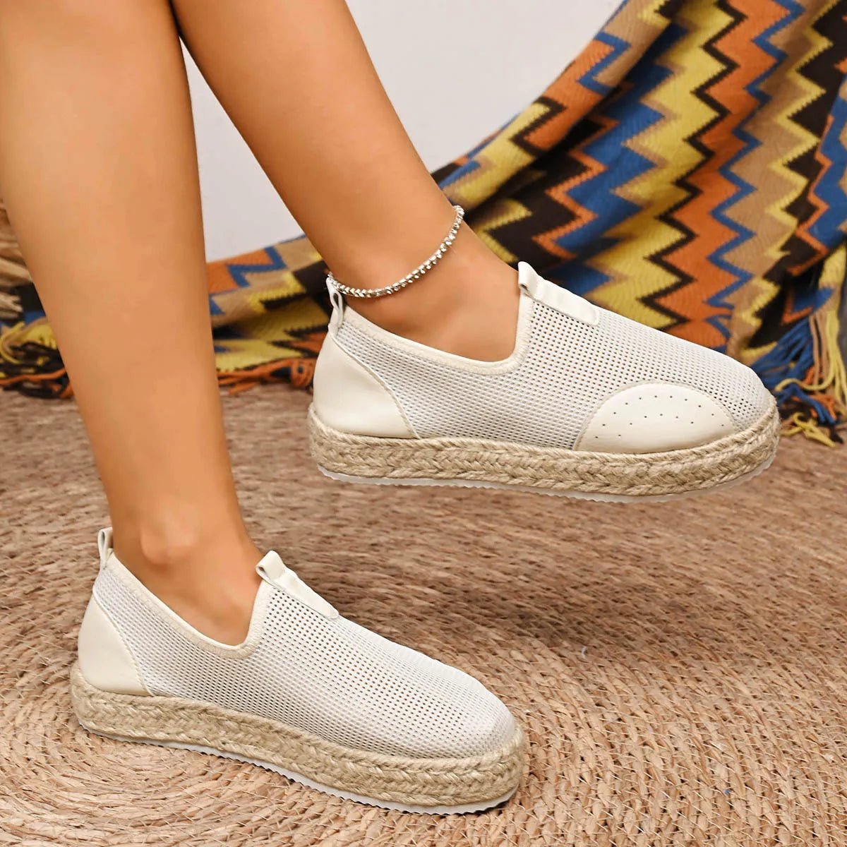Women's breathable mesh espadrille platform slip-on flats by Plush Fashion Hub, featuring a comfortable slip-on design and stylish woven sole.