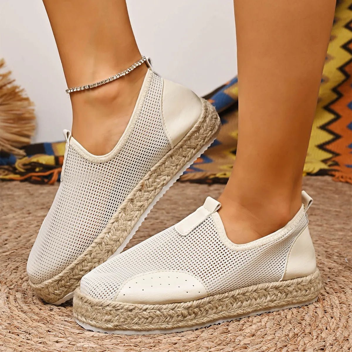Women’s breathable mesh espadrille platform slip-on flats by Plush Fashion Hub, featuring lightweight woven mesh and comfortable sole.