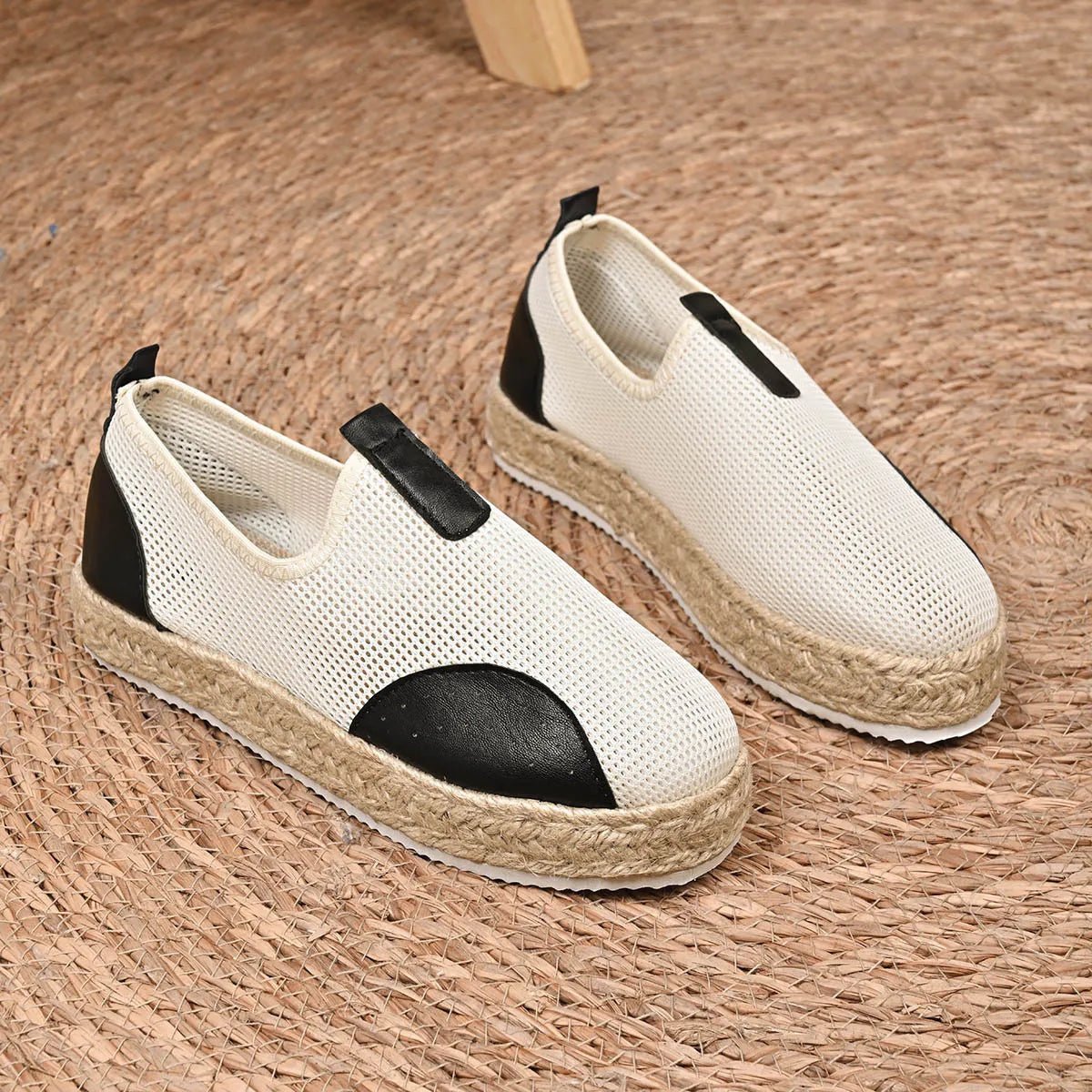 Womens breathable mesh espadrille platform slip-on flats by Plush Fashion Hub, showcasing lightweight, stylish shoe with woven design.