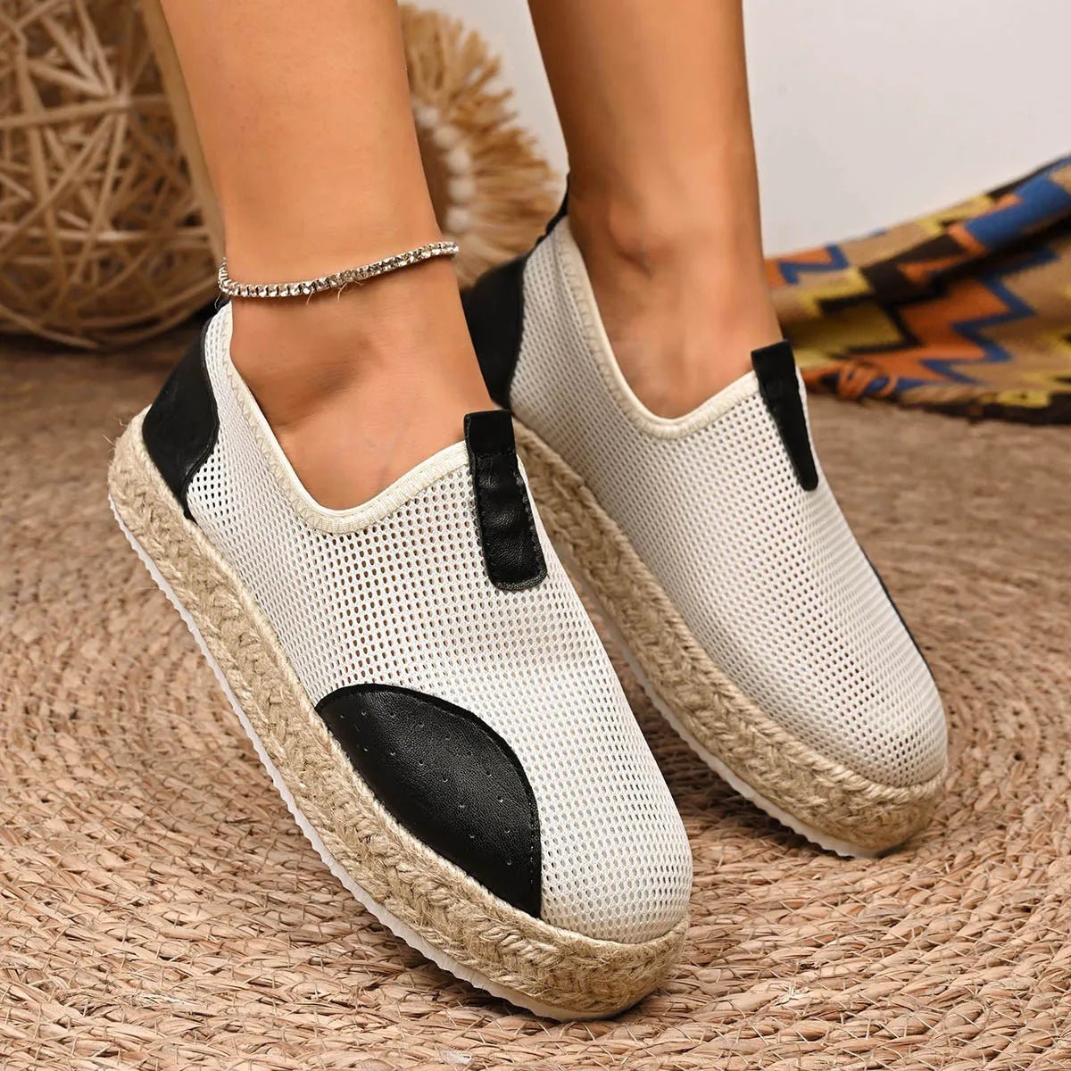 Women's breathable mesh espadrille platform slip-on flats by Plush Fashion Hub, showing lightweight, stylish shoe with woven heel and slip-on design.
