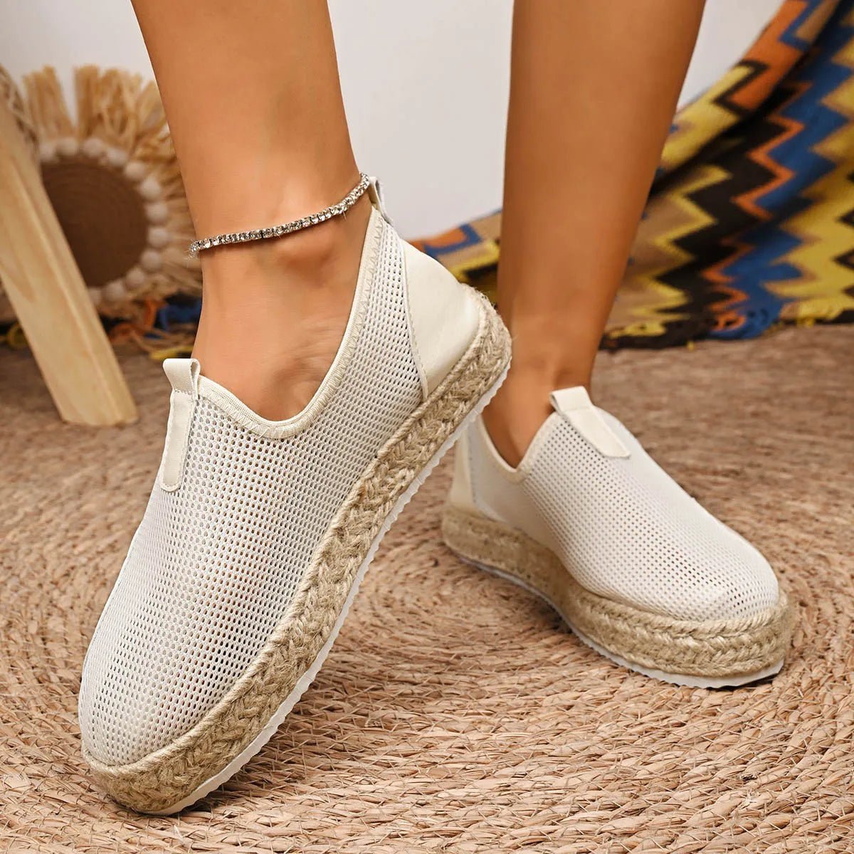 Women’s breathable mesh espadrille platform slip-on flats by Plush Fashion Hub with woven jute soles and comfortable slip-on design.