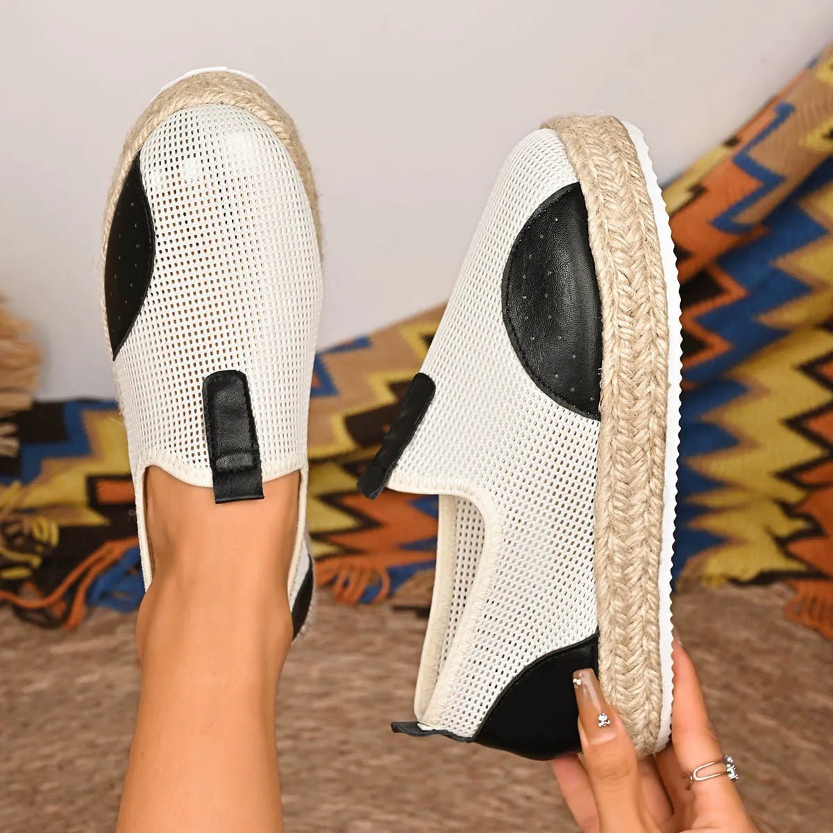 Womens breathable mesh espadrille platform slip-on flats by Plush Fashion Hub, featuring lightweight design and comfortable slip-on style.