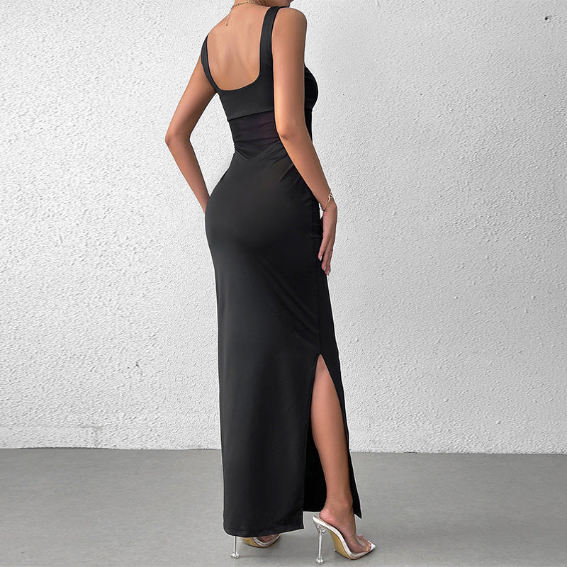 Bella Mia milk silk mesh cami dress with stitching, sexy split backless design, formal maxi dress, perfect for elegant occasions.