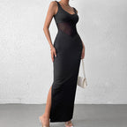 Bella Mia milk silk mesh cami maxi dress with stitching, sexy split backless design, perfect for formal occasions.