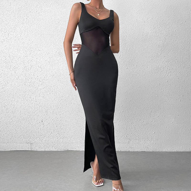 Bella Mia milk silk mesh cami dress with stitching, sexy split backless design, formal maxi dress for elegant occasions.