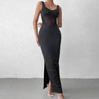 Bella Mia milk silk mesh cami dress with stitching, sexy split backless design, formal maxi dress for elegant occasions.