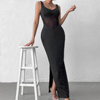Bella Mia milk silk mesh cami dress with stitching, sexy split backless design, formal maxi dress perfect for elegant occasions.