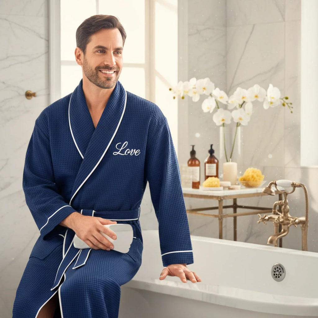 Men's Lotus Linen waffle piping robe with monogram, soft and comfortable men's robe for lounging and relaxation.