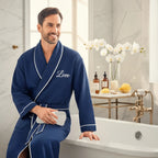 Men's Lotus Linen waffle piping robe with monogram, soft and comfortable men's robe for lounging and relaxation.