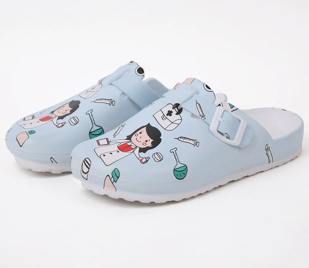 Cartoon nurse-themed women's sandals with colorful designs, featuring comfortable straps and playful medical-themed illustrations.