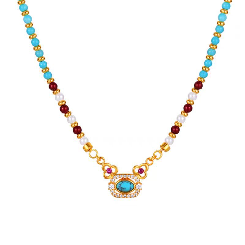 Natural turquoise pearl Chinese-style clavicle necklace featuring traditional design and elegant craftsmanship.