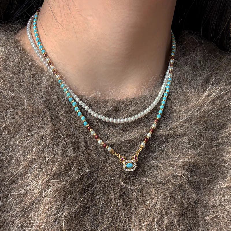 Natural turquoise and pearl Chinese-style clavicle necklace with traditional design, elegant jewelry piece by LadyShow.Store.