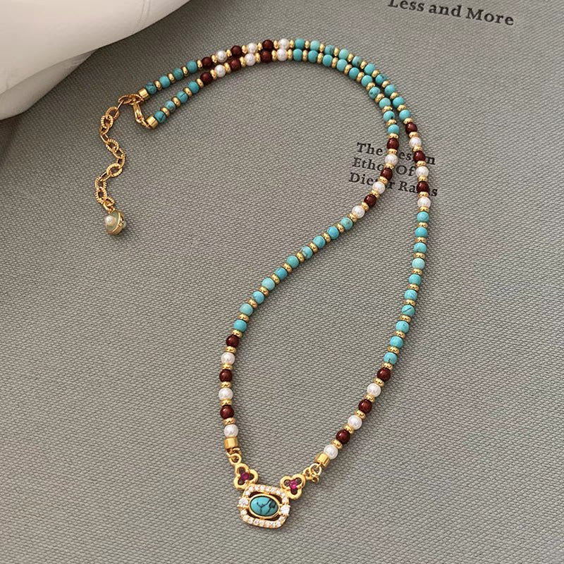 Natural turquoise pearl Chinese-style clavicle necklace with traditional design, featuring elegant turquoise and pearl beads.