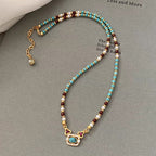 Natural turquoise pearl Chinese-style clavicle necklace with traditional design, featuring elegant turquoise and pearl beads.