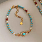 Natural turquoise pearl Chinese-style clavicle necklace featuring traditional design, elegant jewelry piece with vibrant turquoise and pearl accents.