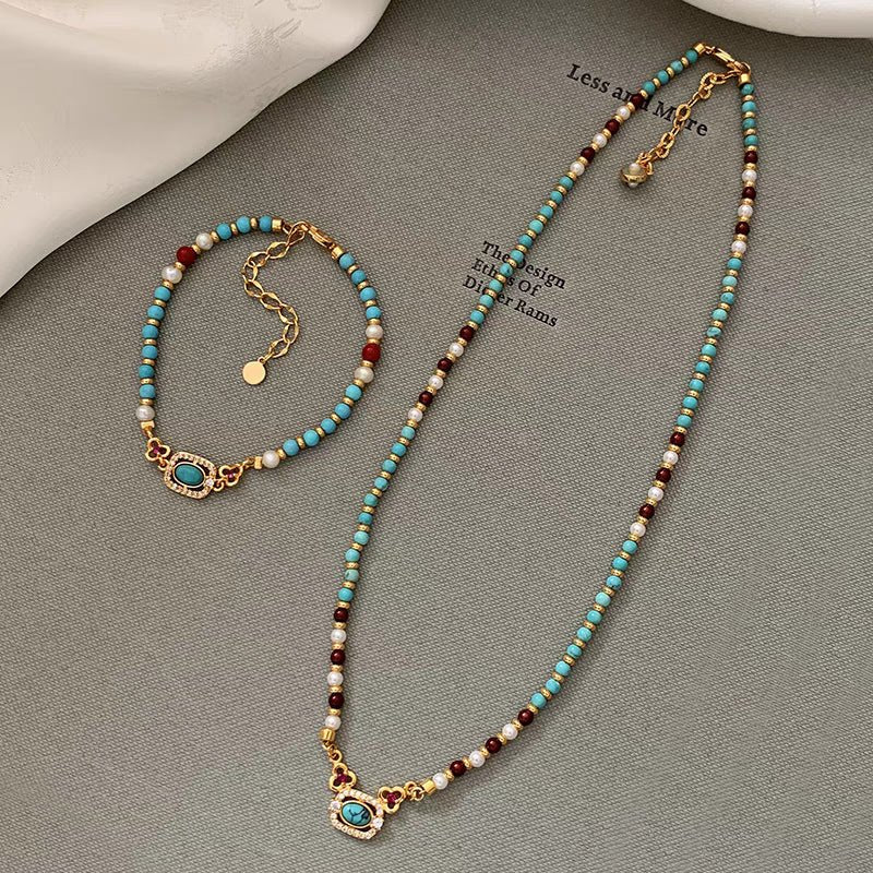 Natural turquoise pearl necklace with Chinese style traditional design, elegant clavicle-length jewelry by LadyShow.Store