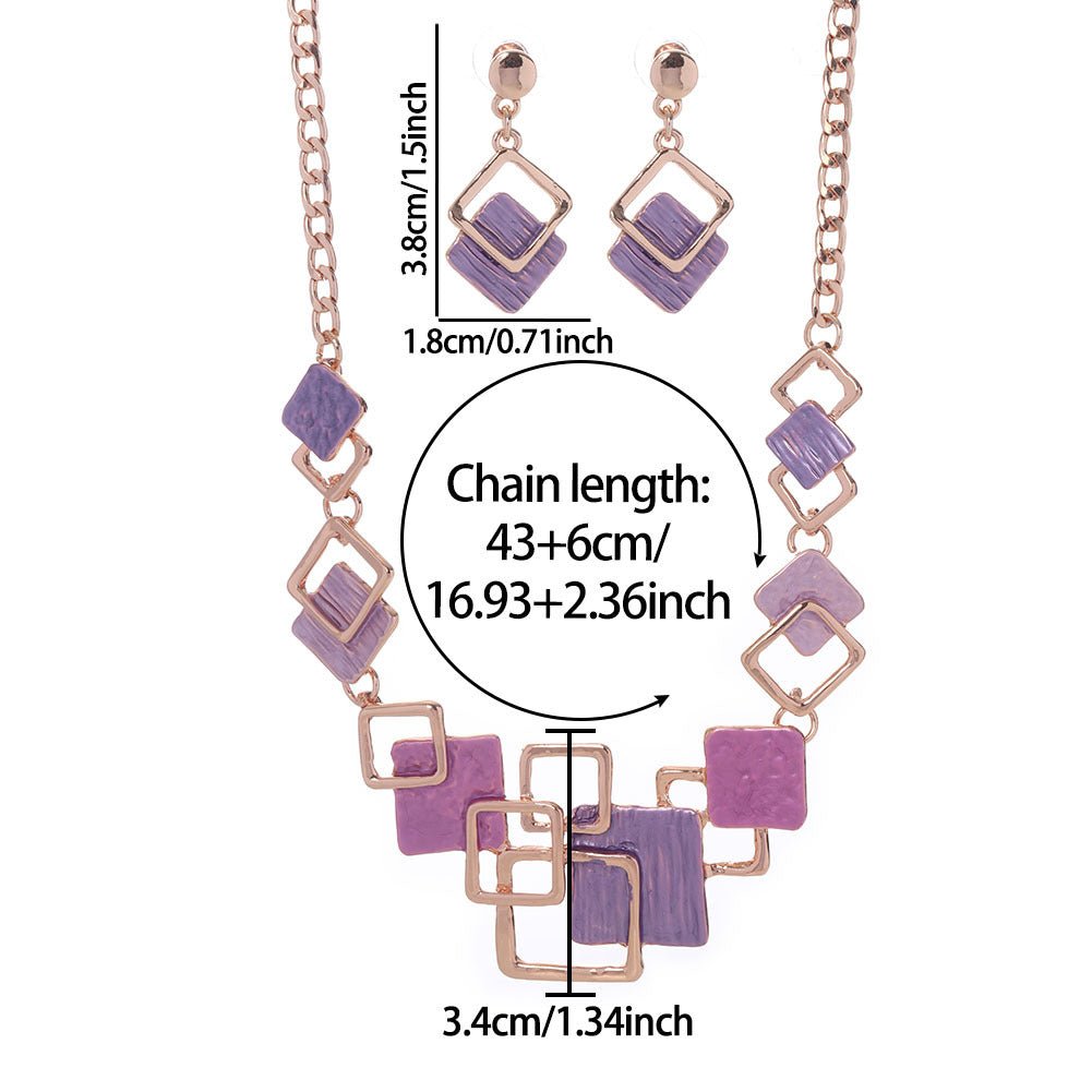 Zinc alloy geometric square necklace and earrings jewelry kit with colorful oil finish, designed for women.