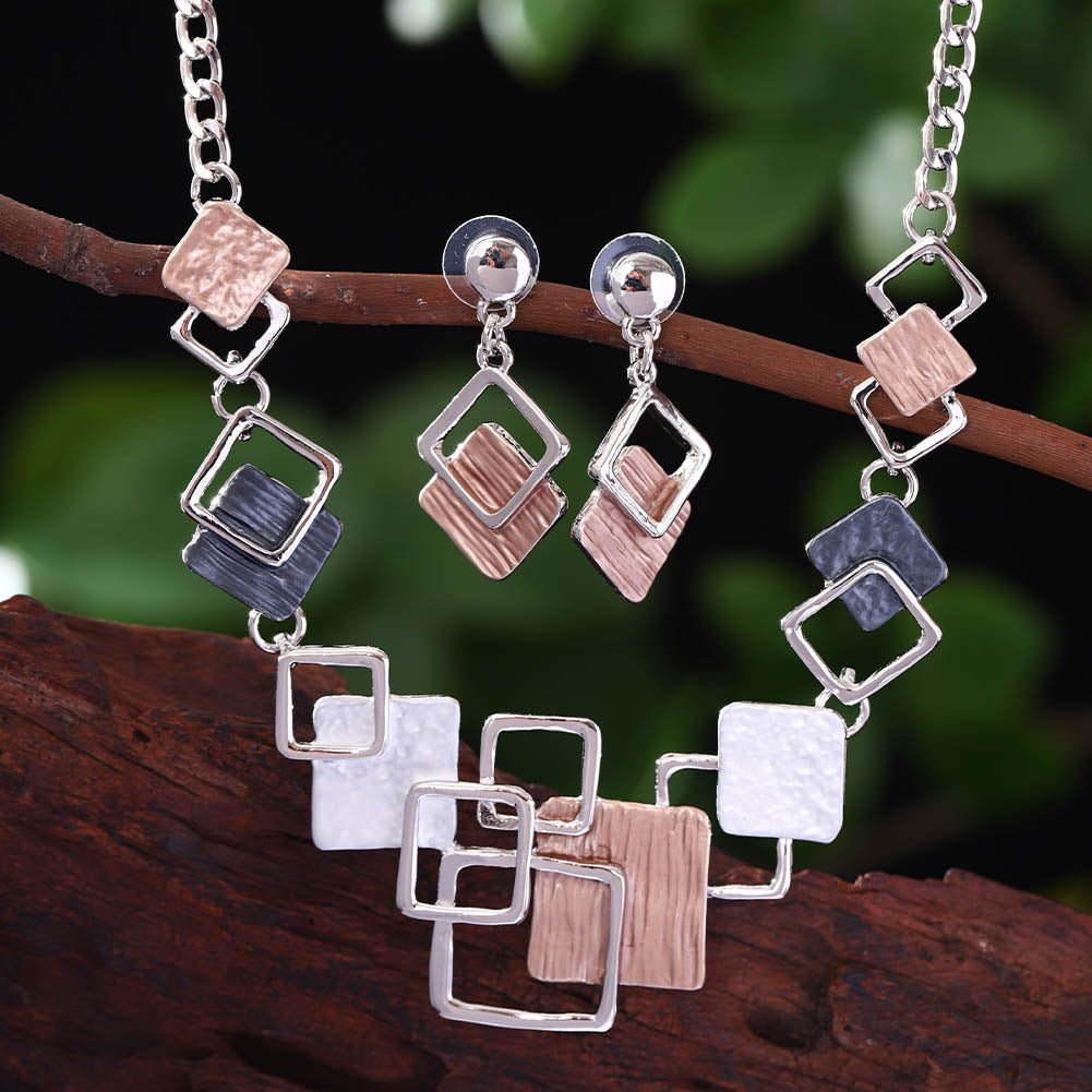 LadyShow zinc alloy geometric square necklace and hollow earrings jewelry set with colorful oil finish for women