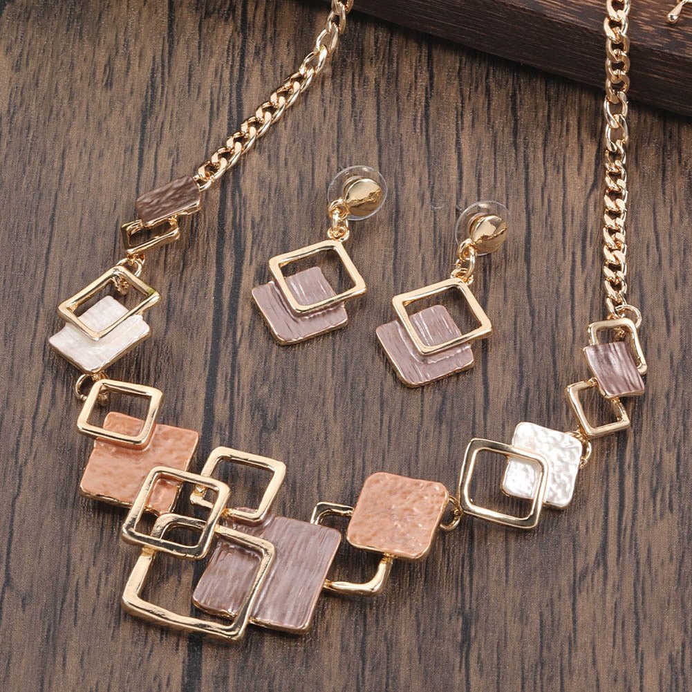 Zinc alloy geometric square necklace and earrings jewelry set with colorful oil finish, hollow design for women.