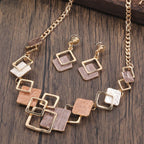 Zinc alloy geometric square necklace and earrings jewelry set with colorful oil finish, hollow design for women.