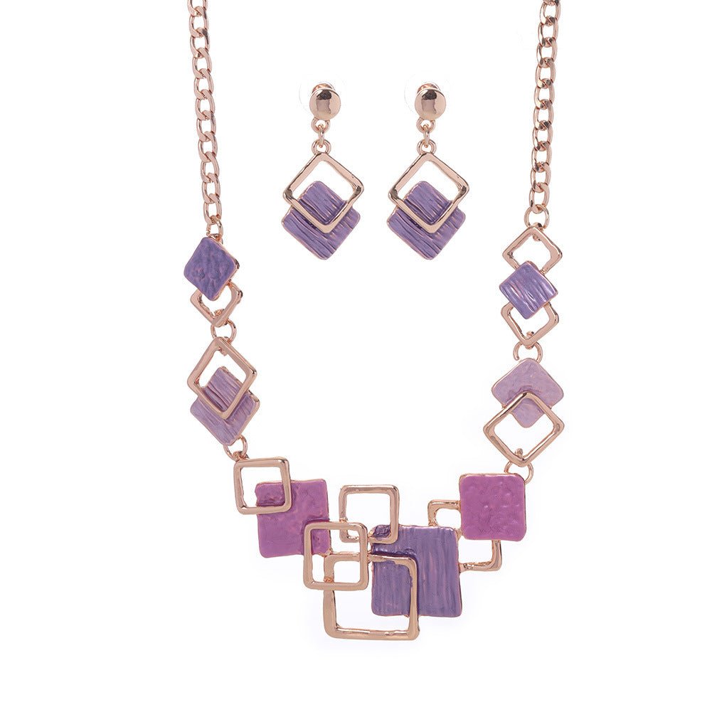Zinc alloy geometric square necklace and earrings jewelry set with colorful oil finish for women