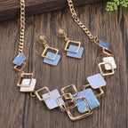 Zinc alloy geometric square necklace and earrings jewelry kit with colorful oil finish, designed for women.