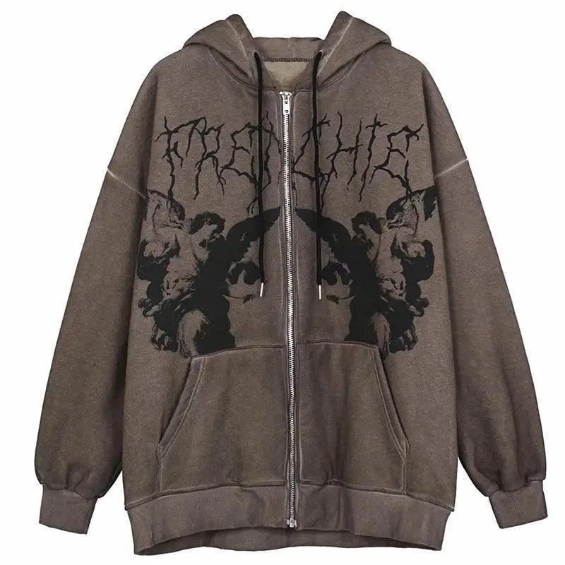 Vintage hip hop streetwear hoodie with angel dark print, zipper jacket, hooded top for women and men by Plush Fashion Hub.