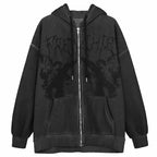 Vintage hip hop streetwear hoodie for women with angel dark print, zipper jacket, hooded top, stylish punk-inspired outerwear.