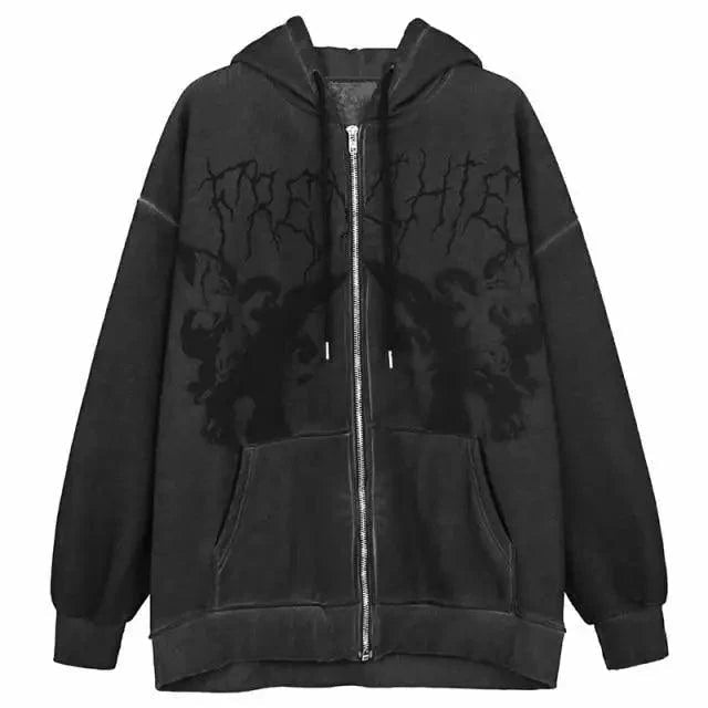 Vintage hip hop streetwear hoodie for women with angel dark print, zipper jacket, hooded top, stylish punk-inspired outerwear.