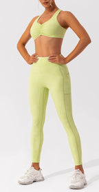 Nude Feel women's Pilates and yoga activewear set by FitiqueFit, featuring a seamless nude-colored sports bra and leggings for workout comfort.