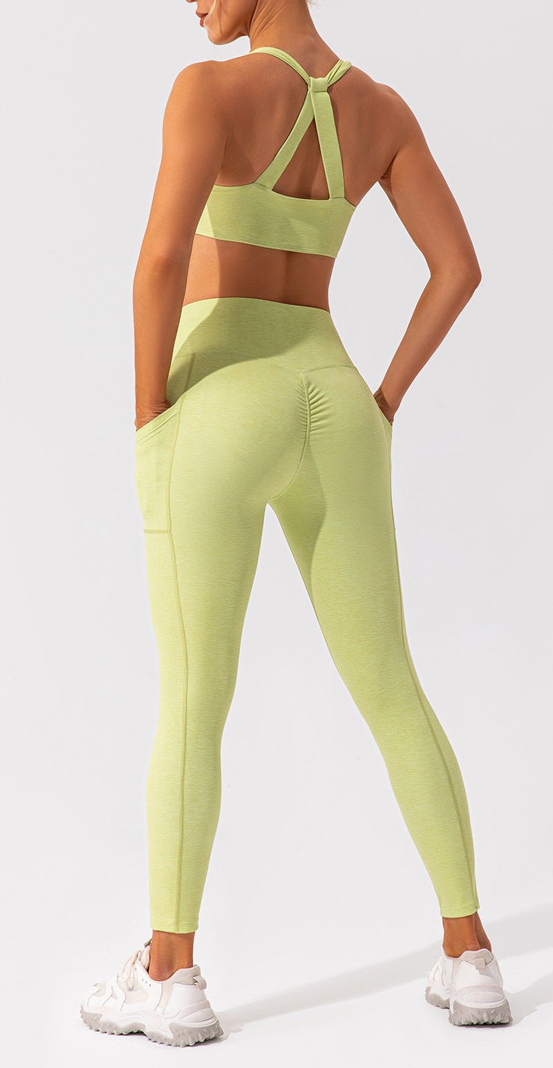 Nude Feel women's Pilates and Yoga activewear set by FitiqueFit, featuring a seamless nude sports bra and matching leggings.