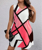 Women’s sleeveless V-neck dress with geometric print, fashionable design from Trendy Attic Store01.