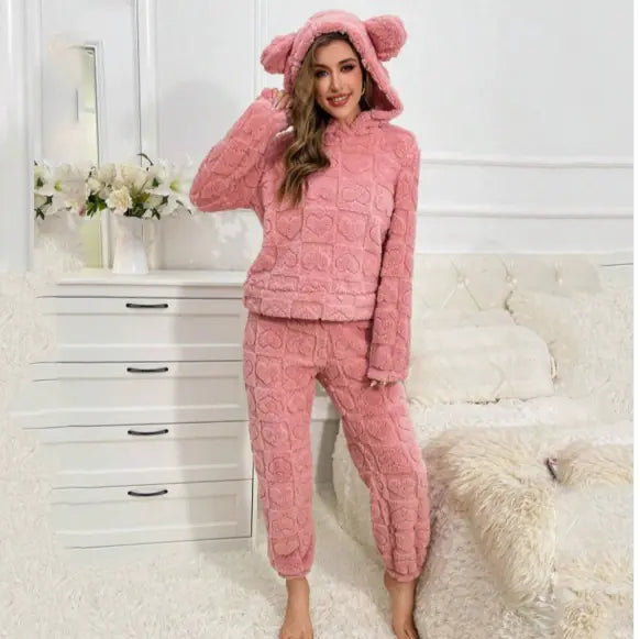 Pink square heart velvet hoodie with ear details, cozy home wear by Pi-Mart, featuring a hood and soft fabric for comfort.