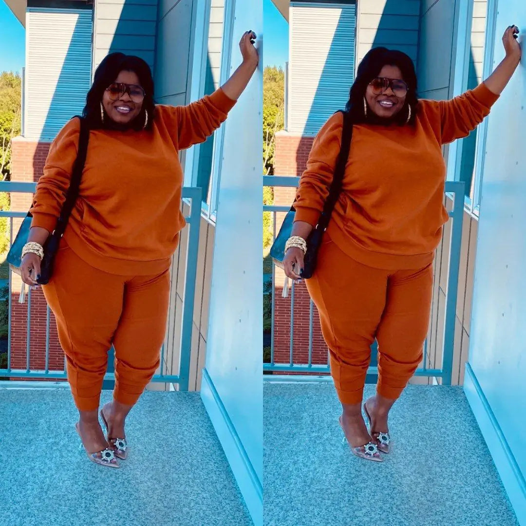 Plus size women's casual two-piece outfit from Trendy Attic Store01, featuring a comfortable top and matching pants.