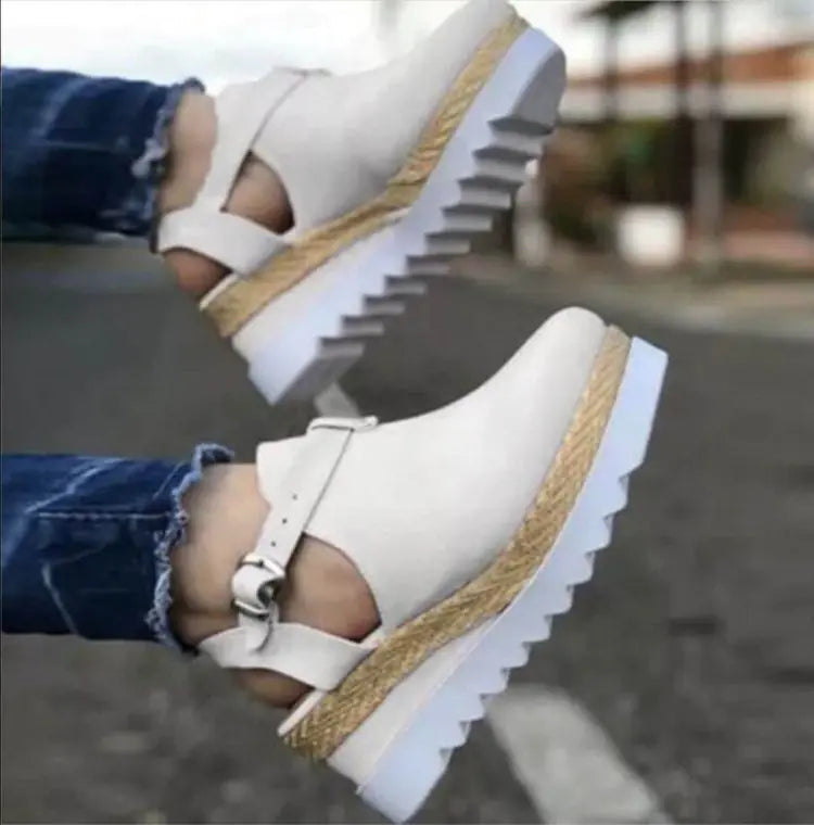 Wedge heel platform women's shoes with stylish design, black color, and ankle straps from Trendy Attic Store01.