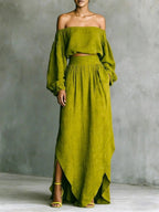 Women's casual off-shoulder top and asymmetrical maxi skirt set by FitiqueFit, stylish 2-piece outfit for relaxed occasions.