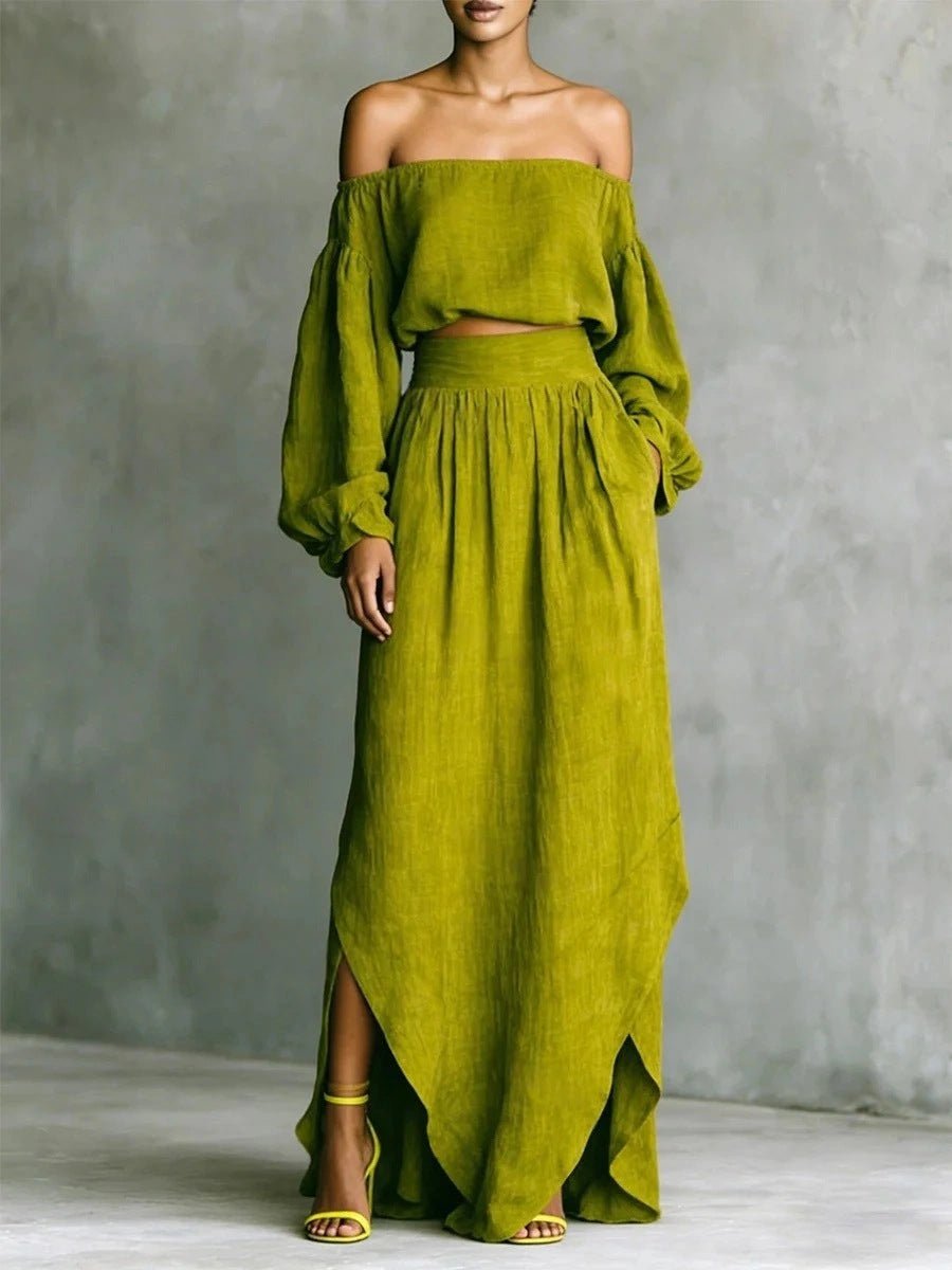 Women's casual off-shoulder top and asymmetrical maxi skirt set by FitiqueFit, stylish 2-piece outfit for relaxed occasions.