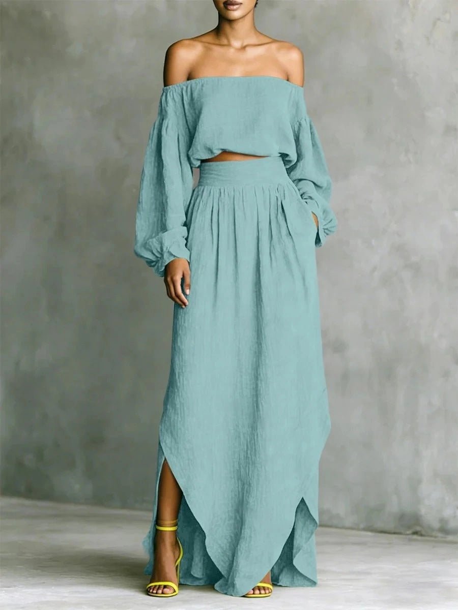 FitiqueFit women's off-shoulder top and asymmetrical maxi skirt set, casual 2-piece outfit for stylish summer wear.