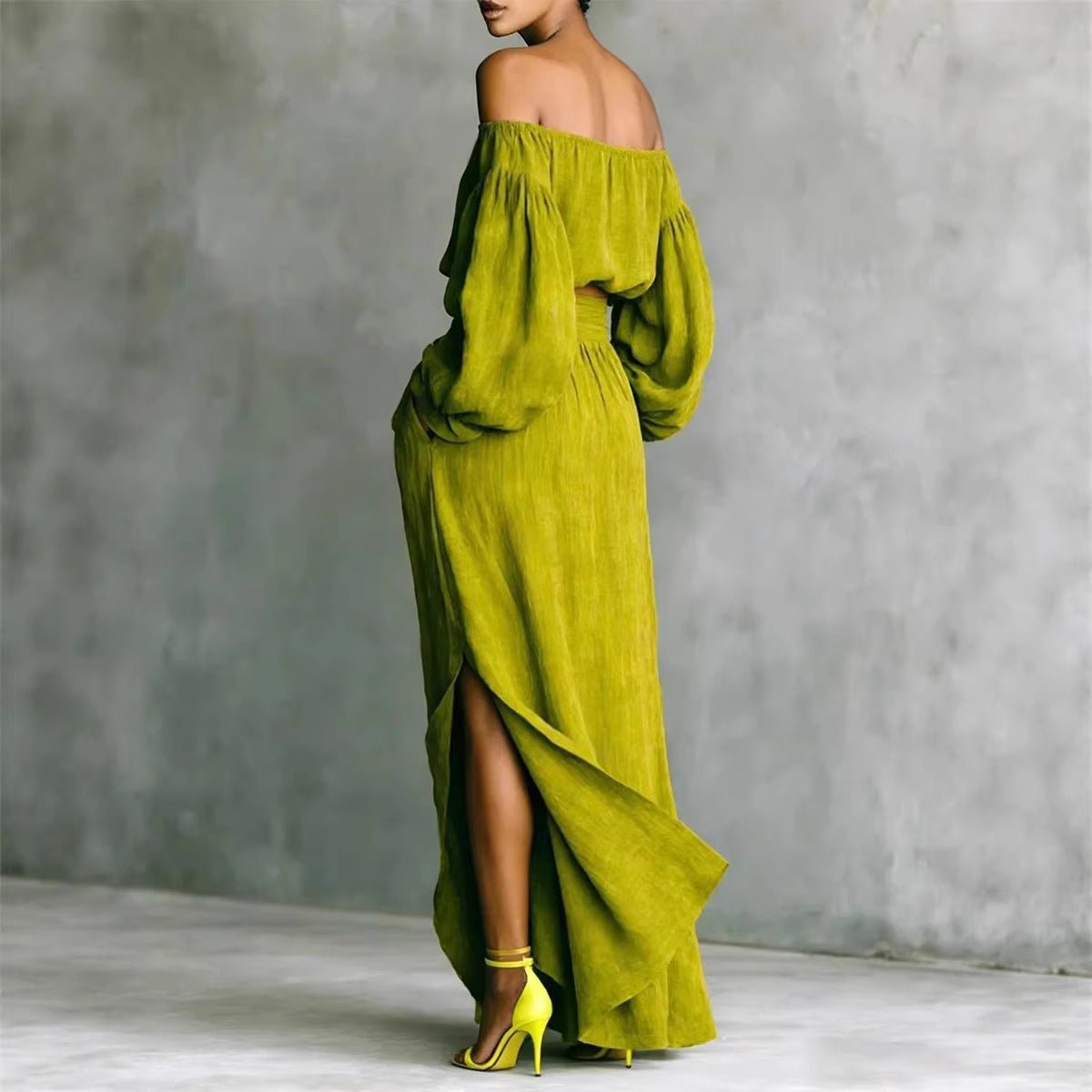 FitiqueFit women's off-shoulder top and asymmetrical maxi skirt set, casual 2-piece outfit with stylish, relaxed fit.