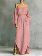 FitiqueFit women's off-shoulder top and asymmetrical maxi skirt set, casual 2-piece outfit, perfect for stylish everyday wear.